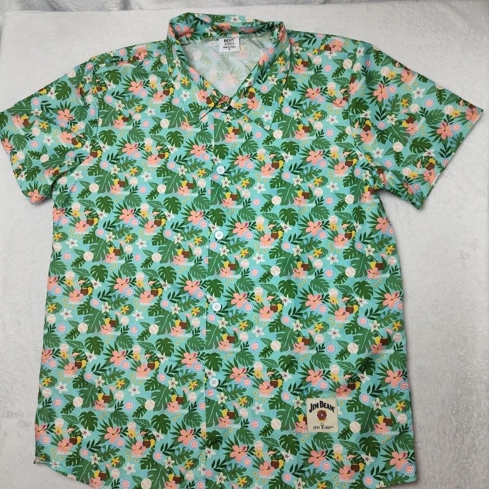 Chicago Cubs Hawaiian Shirt Men XL Green Floral Tropical SGA Jim Beam Baseball